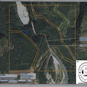 Aerial map of 144.35 Acres on Pitt Lake, B.C., shows property lines in yellow, labeled hotspots for hot springs, river, and trails. Compass and contact info appear at the lower right.