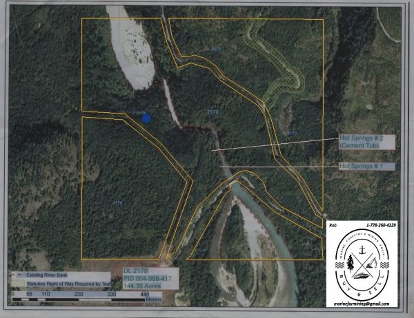 Aerial map of 144.35 Acres on Pitt Lake, B.C., shows property lines in yellow, labeled hotspots for hot springs, river, and trails. Compass and contact info appear at the lower right.