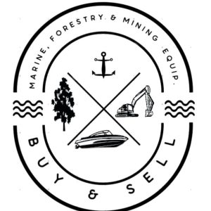 Black and white logo with an anchor, tree, excavator, and boat, surrounded by the words "Marine, Forestry, & Mining Equip. Buy & Sell" in a circular design with wavy lines on each side.