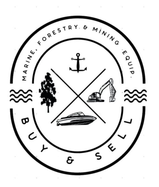 Black and white logo with an anchor, tree, excavator, and boat, surrounded by the words "Marine, Forestry, & Mining Equip. Buy & Sell" in a circular design with wavy lines on each side.