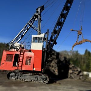 A red and white crawler crane with a large claw attachment is positioned outdoors on a dirt surface, with a backdrop of trees and blue sky.