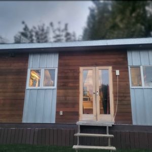 The 2019 - 24 x 10 Tiny Home features a modern design with wood and metal exterior panels, double glass doors, two windows, and wooden steps at the entrance. Trees and a cloudy sky are visible in the background.