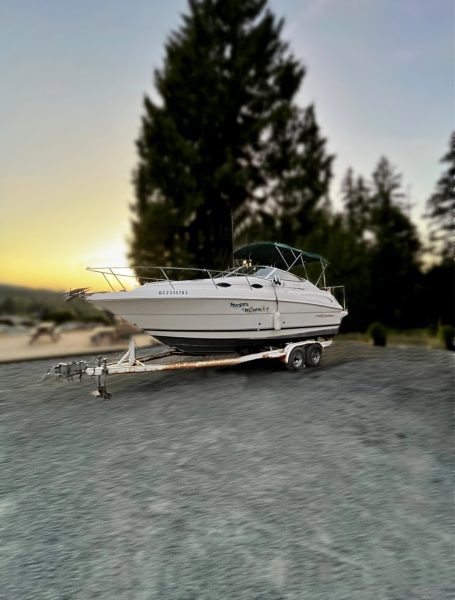 A 2000 / 24FT Monterey 242 boat sits on a trailer parked on gravel, surrounded by trees and a sunset in the background.