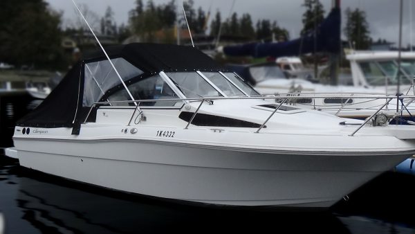 A 2004 / 24FT Campion 682i Sport Cabin motorboat with a black canopy is docked in a marina among other boats, with trees and cloudy skies in the background.