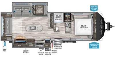 Floor plan of the 2021 Grand Design Reflection 297RSTS RV featuring a queen bed, shower bathroom, kitchen, theater seating, free-standing dinette, entertainment center, outdoor kitchen, and labeled storage—all with Grand Design quality craftsmanship.