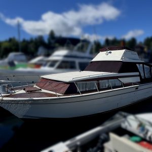 A 1976 / 32FT Carver Monterey motor yacht in white and maroon is docked at a marina among other boats, with the background blurred to highlight this classic vessel as the main subject.