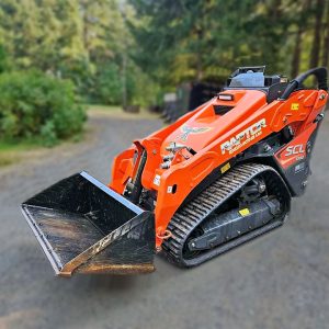 Orange 2023 Kabota SCL 1000 Mini Skid Steer with tracks and a black front loader bucket.