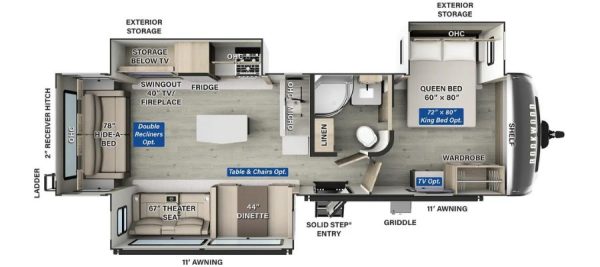 Floor plan of a 2022 Rockwood Ultra Lite 2906BS Travel Trailer showing a front bedroom with a queen bed, a central kitchen and bathroom, and a rear living area with a sofa, theater seating, and a dinette.